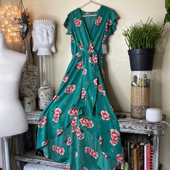 dream of me Dresses & Skirts - Dream Of Me emerald faux crossover dress w rose print